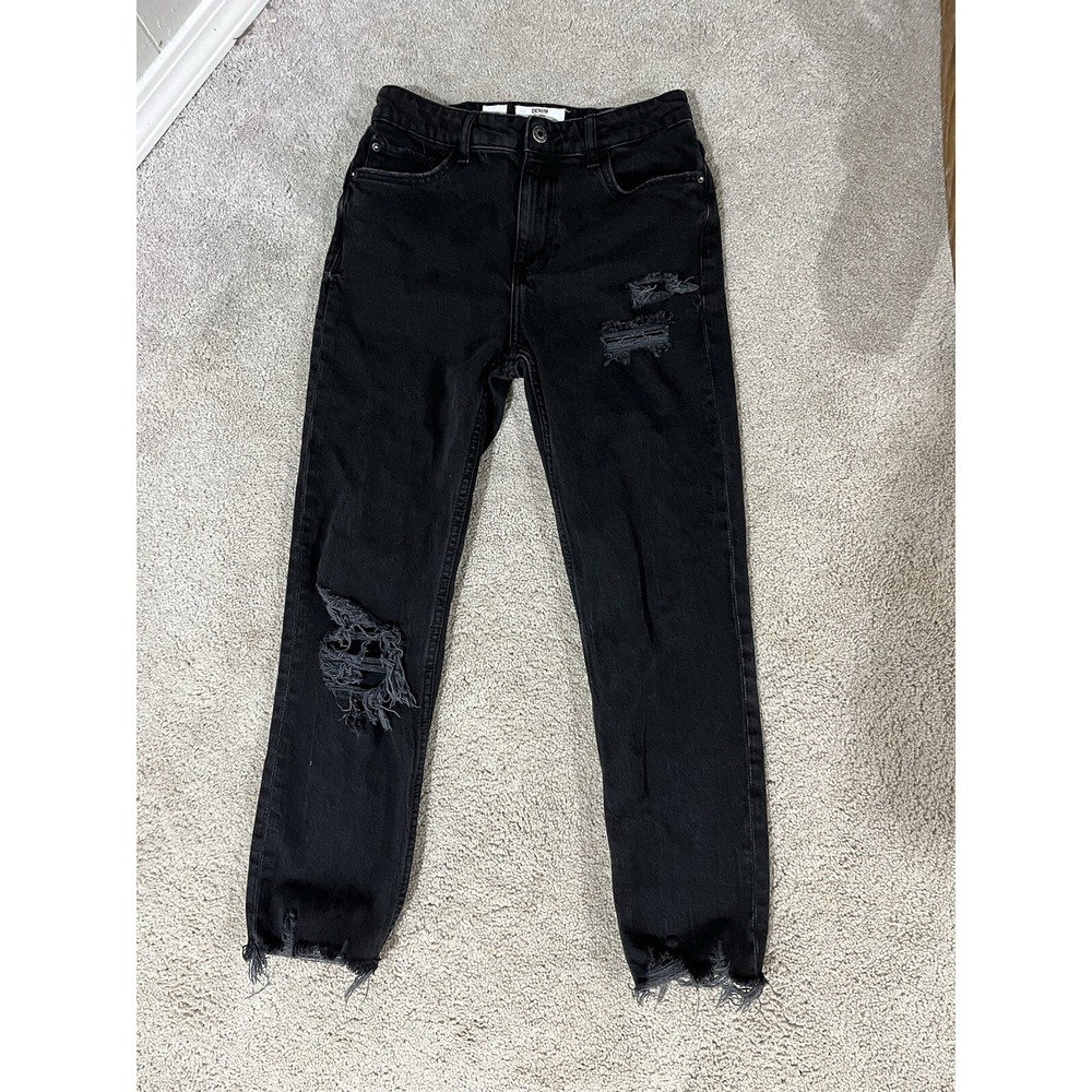 Bershka Black Demin Distressed Destroyed Raw Hem Jeans US 6